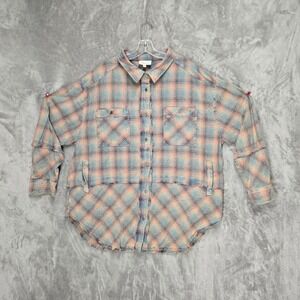 Oli & Hali Womens XL Plaid Raw Hem Oversized Button Up Shacket Pastel Dostressed